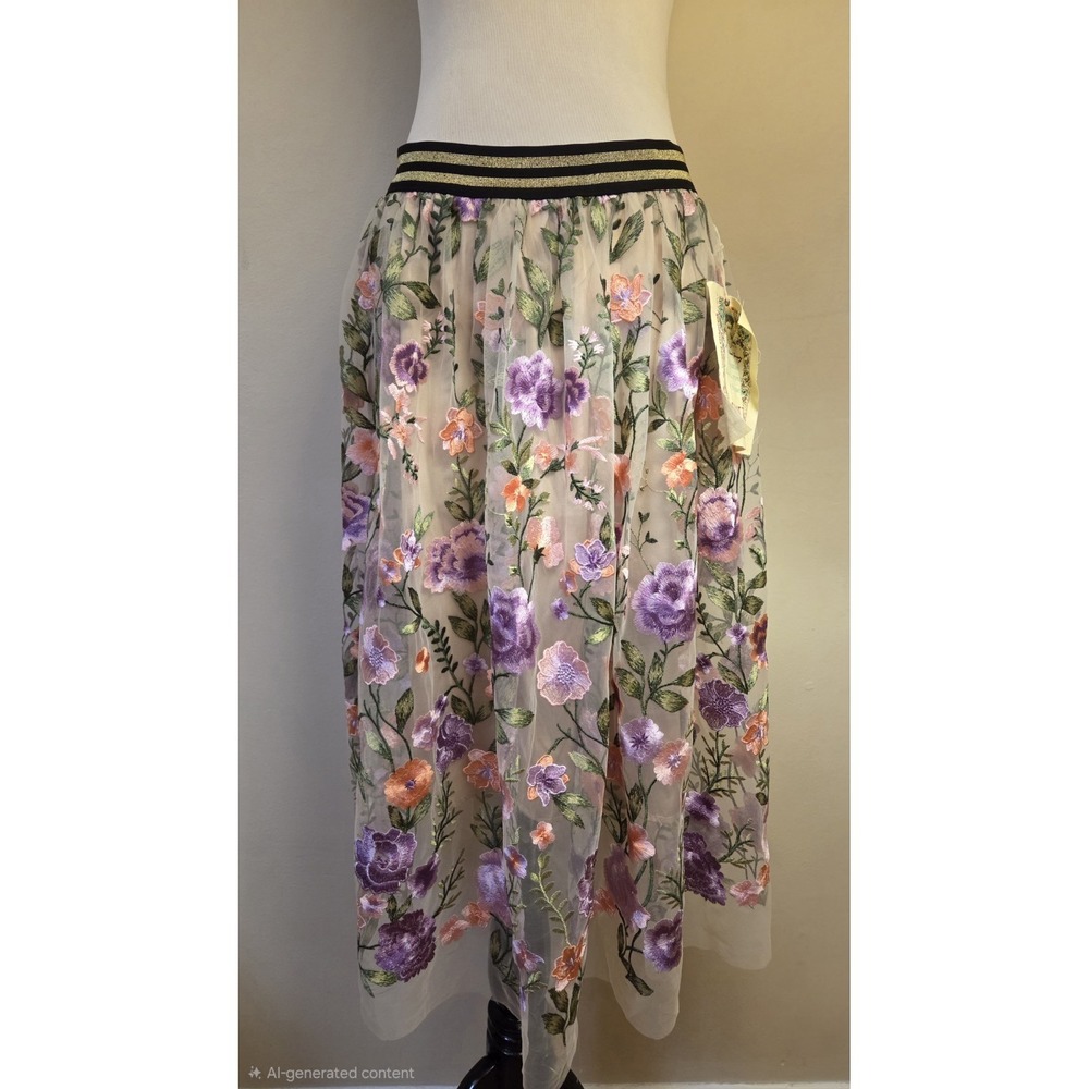 NWT Aratta Silent Journey Lavender Love Skirt Purple Pink Embroidered Flowers L